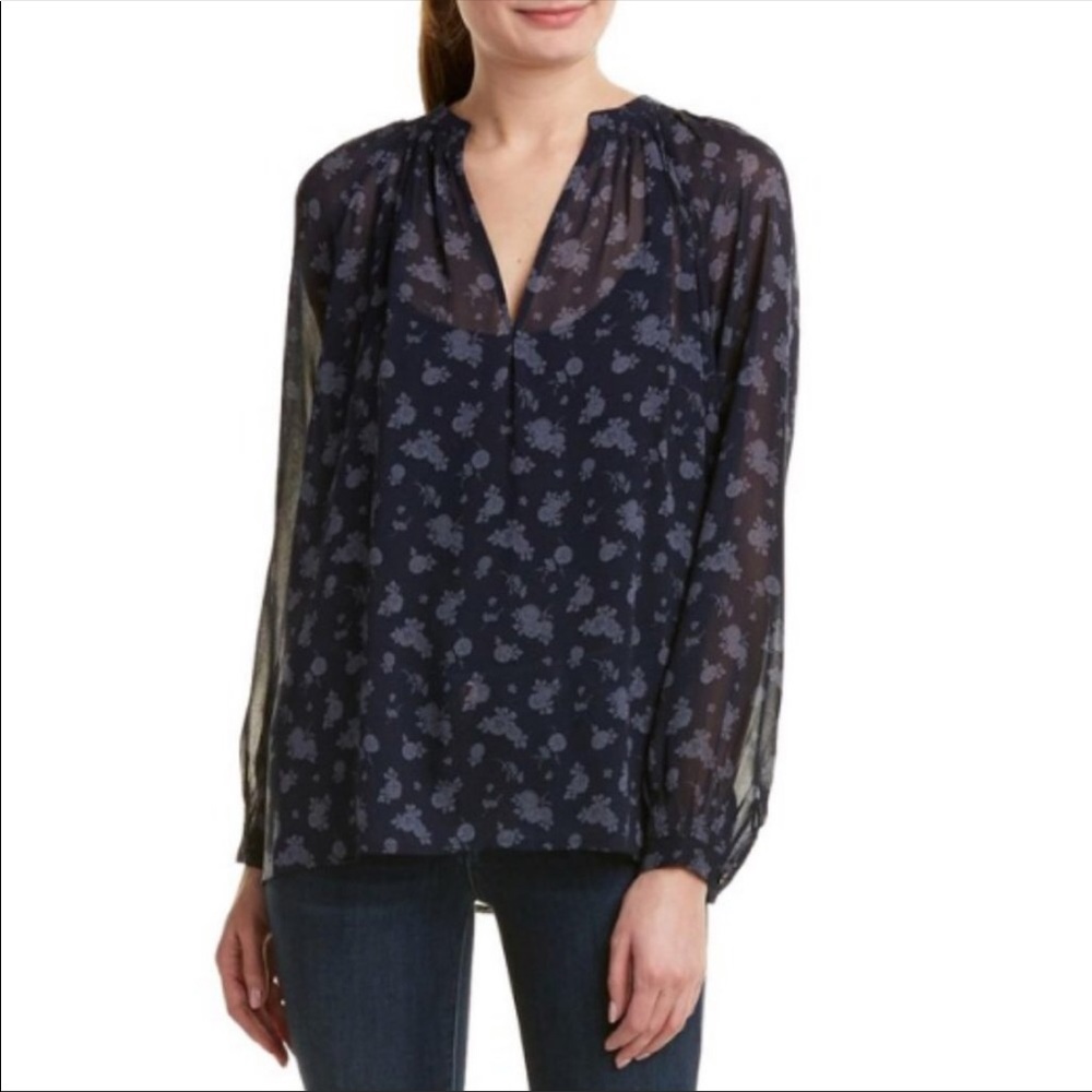 VINCE Calico Silk Floral Pleat V Neck Balloon Long Sleeve Coastal Blue Blouse XS